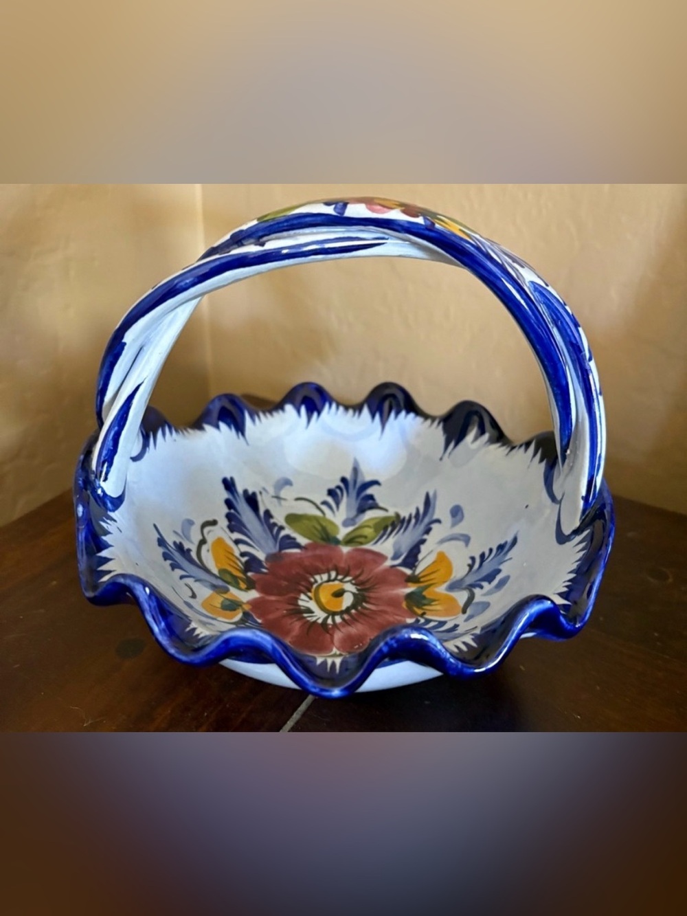 Vintage Hand Painted Portuguese Ceramic Basket with Floral Design